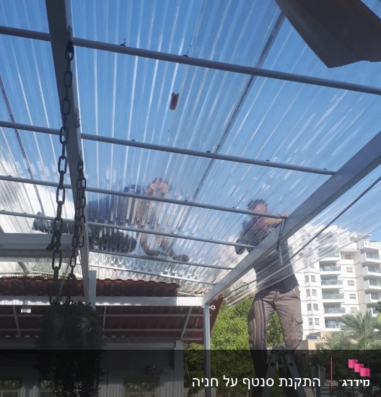שני אנשים מתקינים גג פלסטיק שקוף על פרגולה